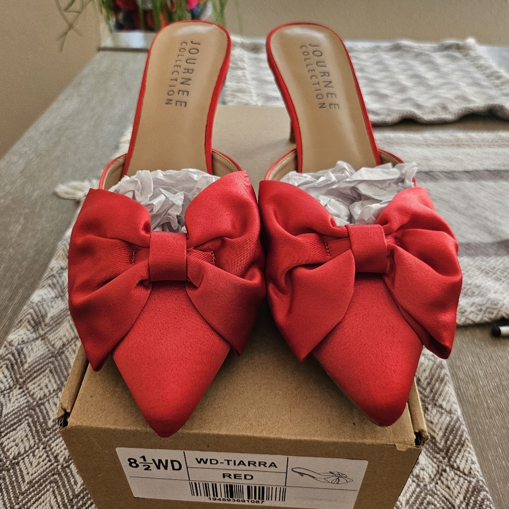 Journee Collection Red Satin Bow Mules